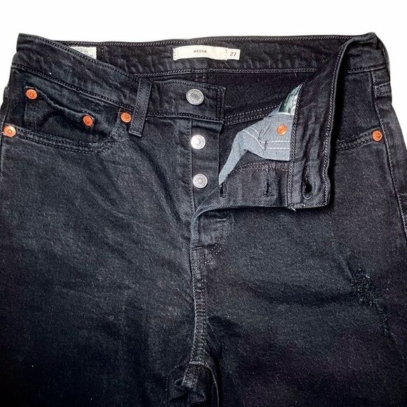 Levi’s Wedgie Straight Ankle Jeans in Distressed Dark Black Women’s 27 - Picture 5 of 15